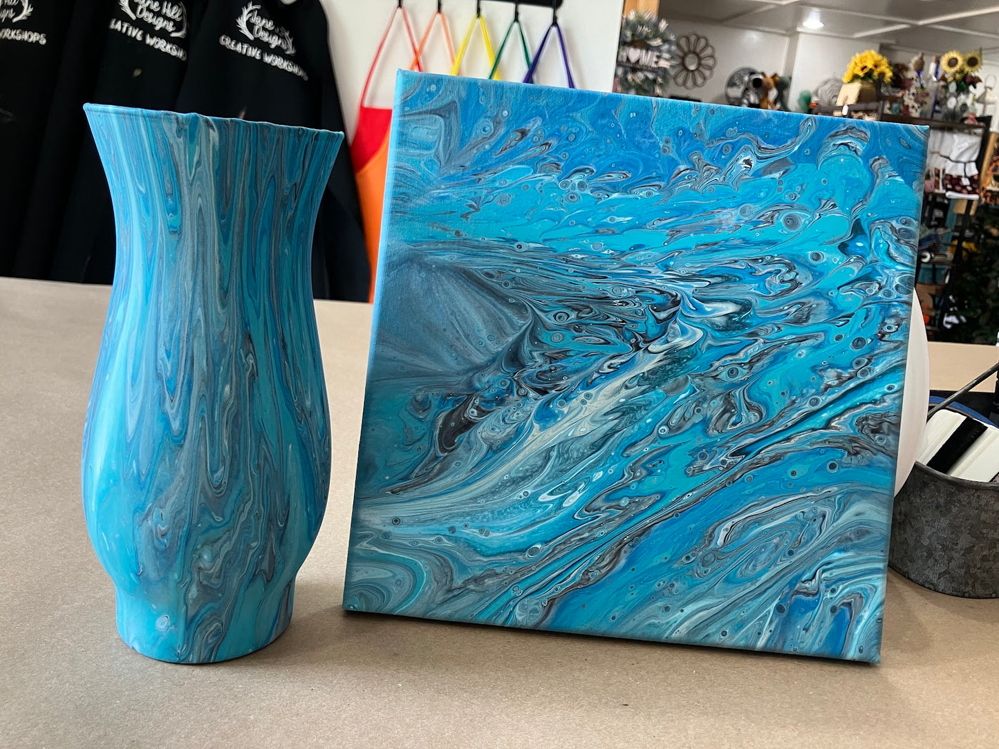 Paint Poured Vase and Canvas